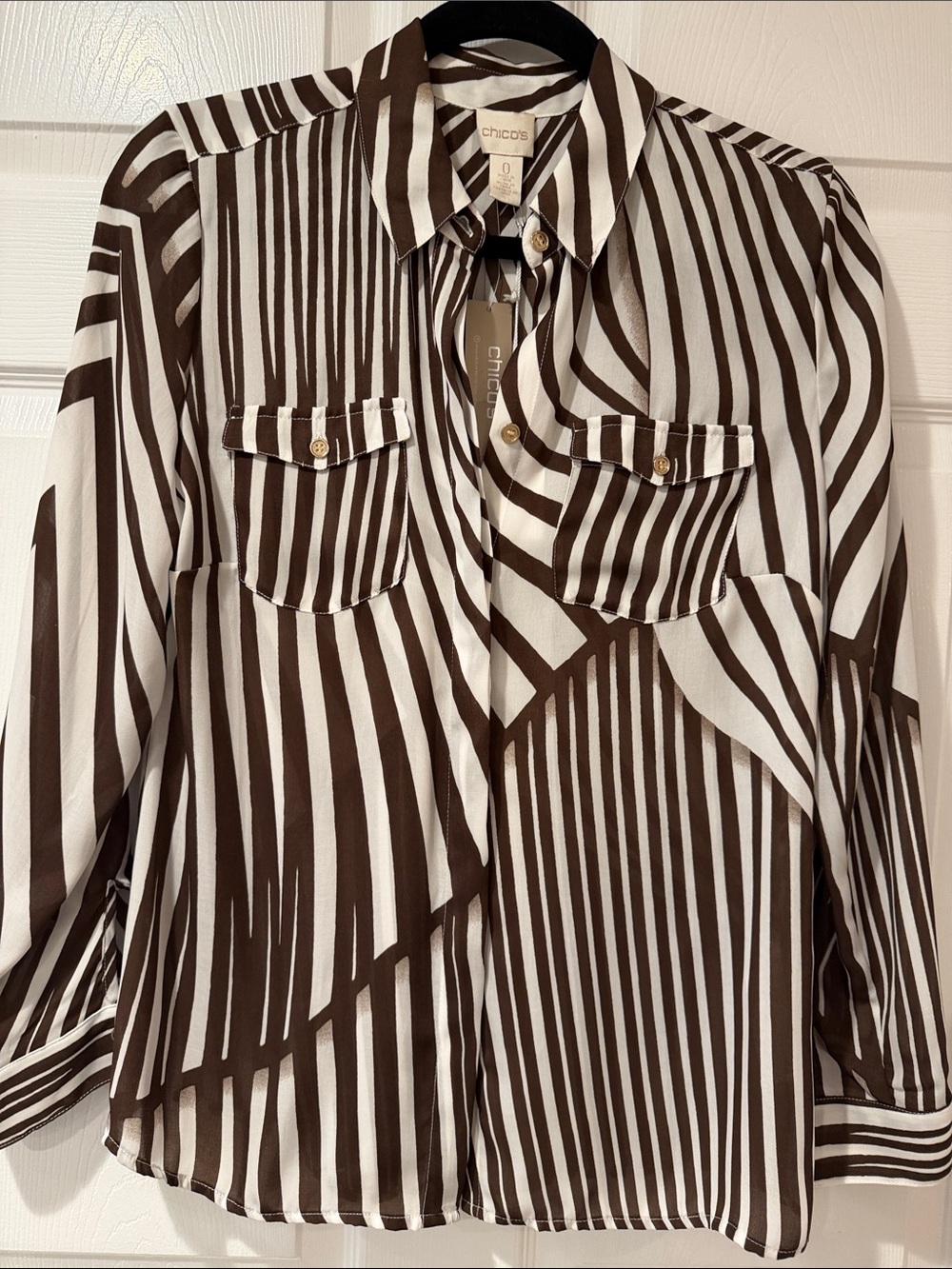 Chico's Brown and White Graphic Stripe Shirt Blouse